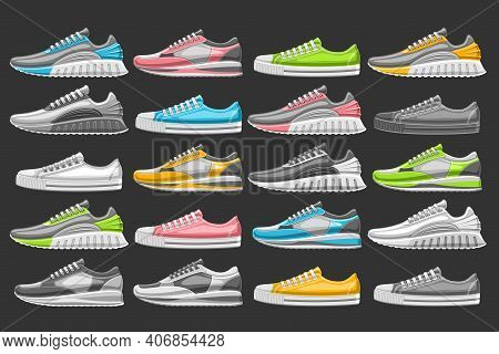 Vector Sneakers Set, 20 Cut Out Illustrations Of Different Multi Colored, Black And White Football A