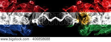 Netherlands Vs Kurdistan, Kurdish, Kurds Smoky Mystic Flags Placed Side By Side. Thick Colored Silky