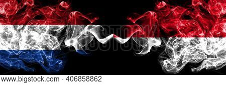 Netherlands Vs Monaco, Monacan Smoky Mystic Flags Placed Side By Side. Thick Colored Silky Abstract 