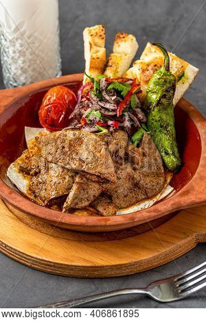 Traditional Turkish Liver Kebab Cuisine. Leaf Liver Spicy. Delicious Turkish Ciger.