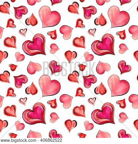 Valentine's Day Watercolor Elements Background. Valentine's Day Seamless Pattern With Hearts. Waterc