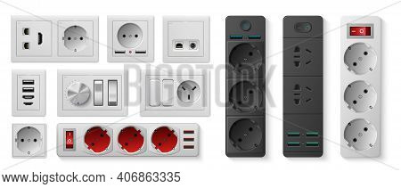 Power Strip. Realistic Electric Socket With Usb Ports And Switches, Electricity Turn On And Off. 3d 