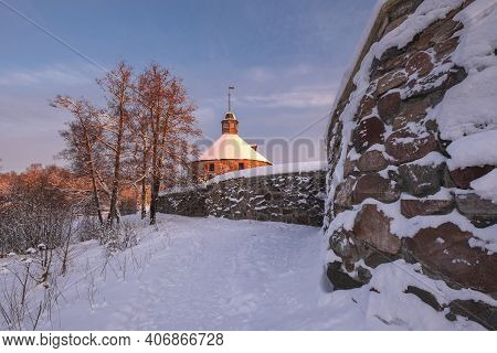 Fortress Karela In Priozersk Russia, Winter At Sunrise