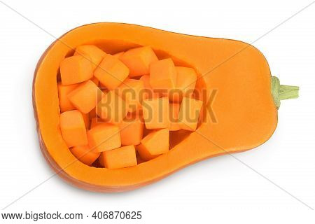 Butternut Squash Half Isolated On White Background With Clipping Path And Full Depth Of Field. Top V