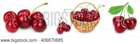 Red Sweet Cherry Isolated On White Background With Full Depth Of Field. Set Collection