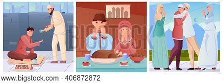 Flat Compositions Set With Muslims Doing Charity Praying Before Iftar Greeting During Ramadan Isolat
