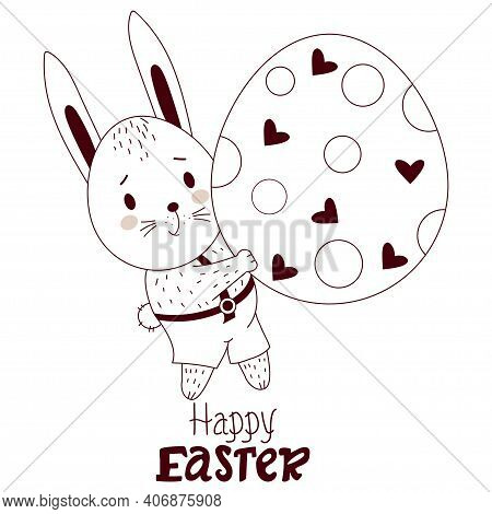 Happy Easter Card With Easter Bunny. A Cute Hare Boy In Pants With A Large Easter Egg. Vector Illust