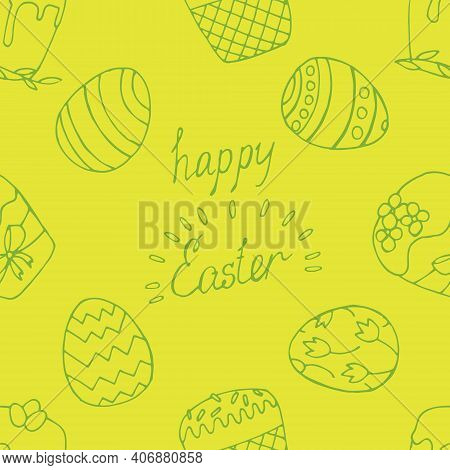 Vector Seamless Simple Pattern With Ornamental Eggs. Easter Holiday Green Background For Printing On
