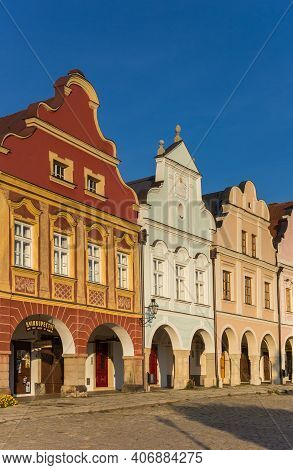 Telc, Czech Republic - September 14, 2020: Colorful Facades Of Historic Houses In Telc, Czech Republ