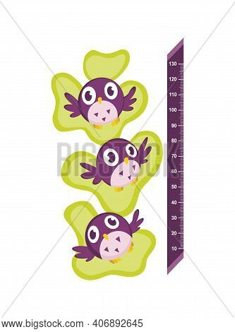Wall Meter With Good Birds With Big Eyes. Sticker For Measuring Height Kids. Funny Vector Cartoon Il