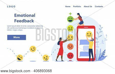 Template For Emotional Feedback With A Diverse Team Of Young People Placing Colored Emoticons On A D