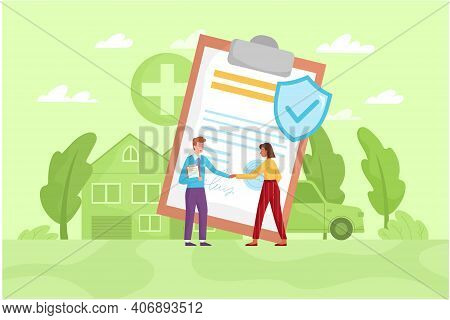 Insurance Policy Covering Adverse Risks For The House And Car With A Broker Or Agent Signing A Contr