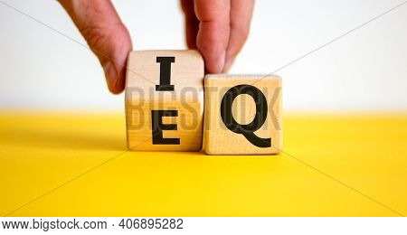 Iq Or Eq Symbol. Psychologist Flips A Cube, Changes Words Iq, Intelligence Quotient To Eq, Emotional
