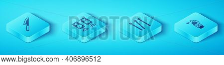 Set Isometric Knife, Stereo Speaker, Fire Extinguisher And Matches Icon. Vector