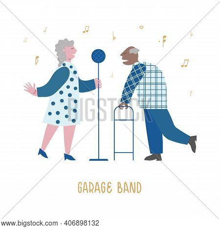 Elderly Music Lovers Started Band. Senior Lady And Man Enjoy Song In Their Music Club. Concept Vecto