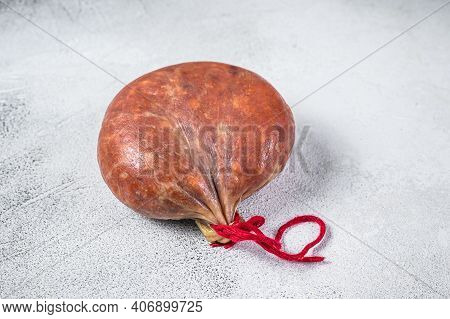 Sobrassada Cured Meat Sausage From Ground Pork, Paprika And . White Background. Top View