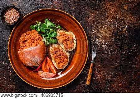 Toasts With Sobrassada Cured Pork Meat Sausage And Tomato. Dark Background. Top View. Copy Space