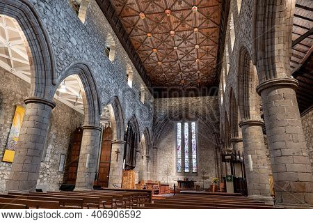 Aberdeen, Scotland - August 11, 2019: The Interior And Flat Decorative Ceiling Of Cathedral Church O