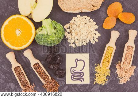 Beneficial Nutirious Eating For Digestive System. Healthy Ingredients As Source Natural Vitamins
