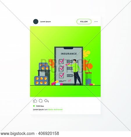 Health Insurance Agreement. Man Studying Insurance List Among Medical Drugs And Hospital Pills. Can 