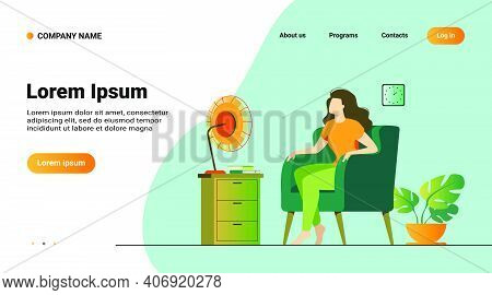 Woman Conditioning Air At Home, Feeling Hot, Trying To Cool And Sitting Gat Fan. Vector Illustration