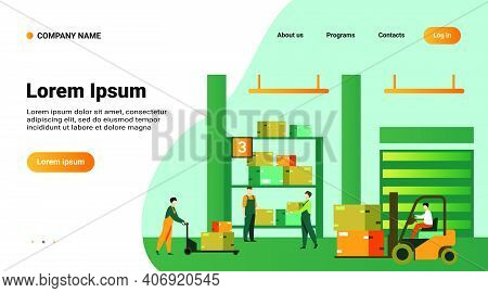 Logistic Workers Carrying Boxes With Loaders In Warehouse. Couriers Wheeling Carts With Cargo, Ridin