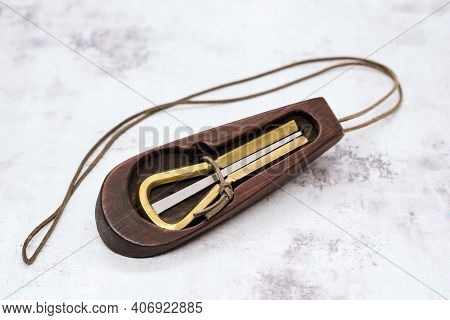 Ethnic Tribal Metal Jew's Harp - Musical Instrument In Wooden Case With Cord. Ancient Musical Instru