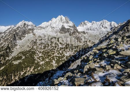 Vysoka Peak From Mountain Saddle Below Ostrva, Slovak Republic. Hiking Theme. Winter Scene.