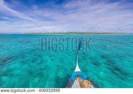 Maldives Island Background, Amazing Exotic Landscape Of Blue Turquoise Sea View With Horizon And Woo