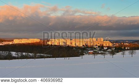 Landscape With Houses And Snow At Sunset. Traditional Housing Estate. Living In The Czech Republic.