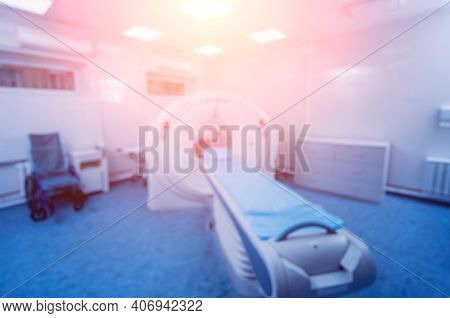 Blurred Background Of Computer Tomography Diagnostics In Modern Medical Center