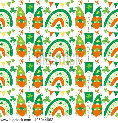 Green Gnomes With Shamrock, Rainbow And Flags On Rope. Irish Festival Symbols. Patrick Day Vector Se