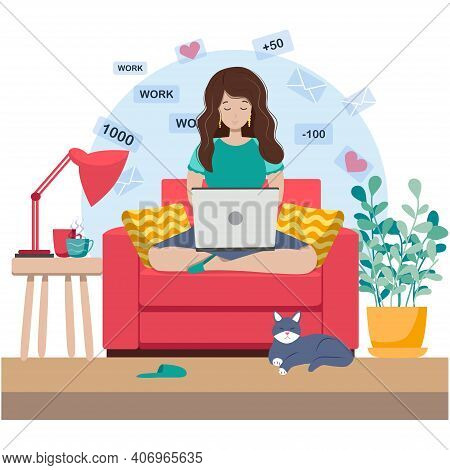 Cute Young Woman Sitting On Comfy Chair With Laptop Computer In Cozy Room. Daily Life Of Freelance W