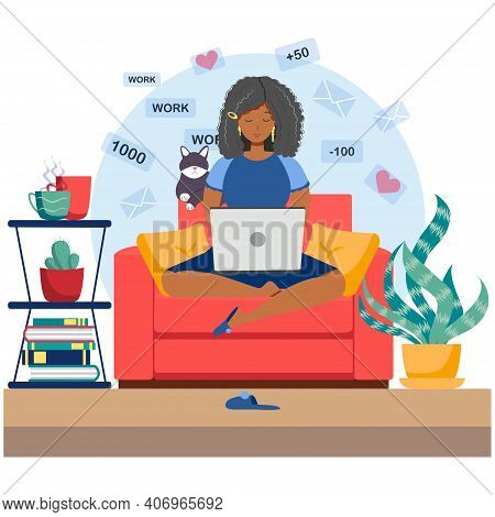 Cute Young Woman Sitting On Comfy Chair With Laptop Computer In Cozy Room. Daily Life Of Freelance W