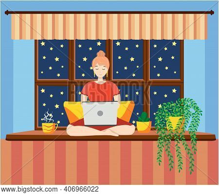 A Woman Works At A Laptop While Sitting On The Windowsill At Home. Freelance Concept, Quarantine Due