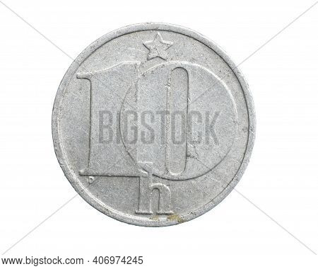 Ten Czechoslovakia Koruna Coin On White Isolated Background