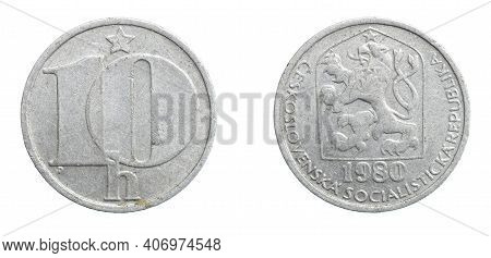 Ten Czechoslovakia Koruna Coin On White Isolated Background