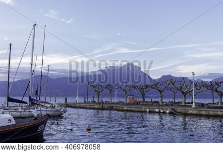 Torri Del Benaco, Italy - December 12 2020: The Town Is Located On The Medium East Coast Of Lake Gar