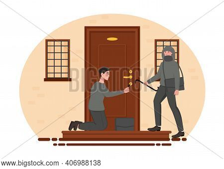 Two Male Burglars Breaking Into House With Master Key. Concept Of Home Break-in And Lockpicking. Thi
