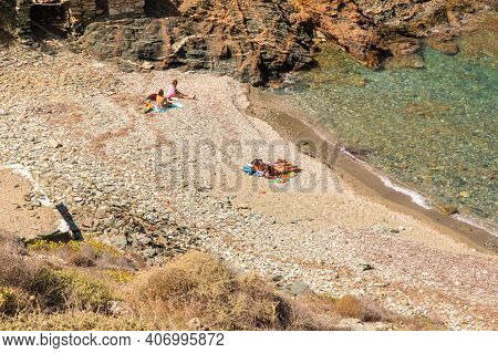 Folegandros Island, Greece - 25 September 2020: View Of The Coast And Ligaria Beach Of The Island Of