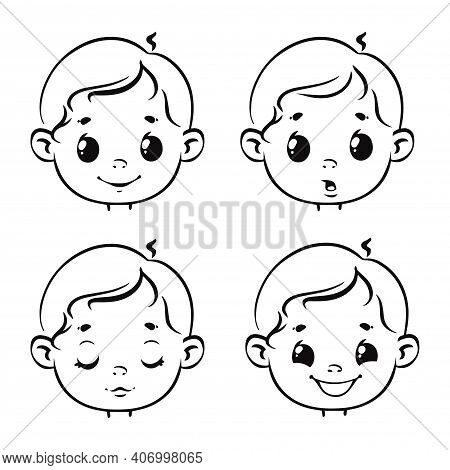 Set Of Different Emotions Of Kids. Black And White Coloring. Vector Illustration In Cartoon Style.