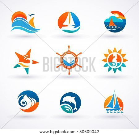 Set of sea and nautical icons, signs and symbols