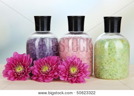 Aromatherapy minerals - colorful bath salt on light background