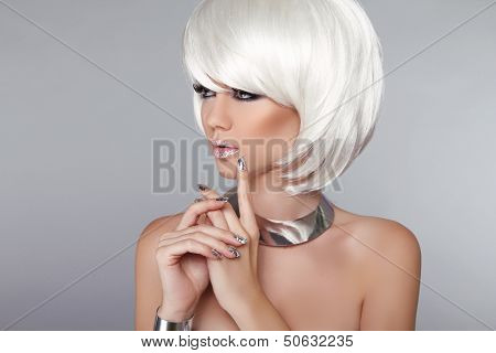 Fashion Beauty Girl. Blond Woman Portrait. Stylish Haircut And Makeup. Hairstyle. Make Up. White Sho