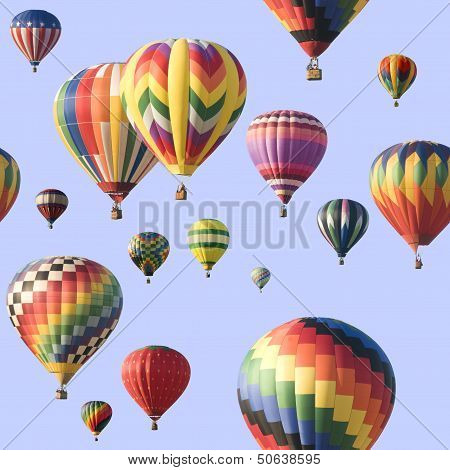 A Group Of Colorful Hot-air Balloons Floating Across A Blue Sky