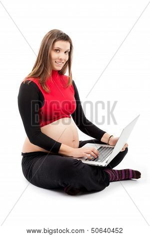 Pregnant Smilling Woman With Laptop
