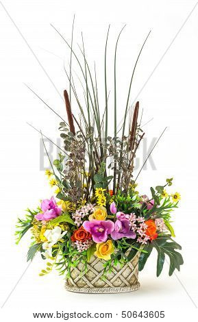 Bouquet Of Flowers In Clay Pot