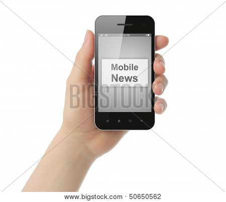 Hand holds smart phone with mobile news button