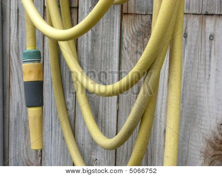 Manguera de jardín amarillo dispuesta en una pared de madera