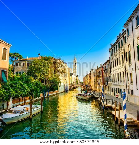 Venice Sunset In San Giorgio Dei Greci Water Canal And Church Campanile. Italy